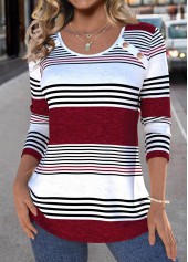Deep Red tops,Striped tops,Geometric tops,ROTITA Patchwork Striped Deep Red Round Neck T Shirt