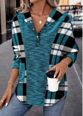 Rotita – Langärmliger Kapuzenpullover mit Patchwork-Muster und Pfauenblau