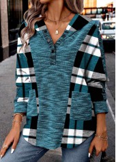 Peacock Blue tops,Plaid tops,ROTITA Patchwork Plaid Peacock Blue Long Sleeve Hoodie