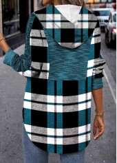 Peacock Blue tops,Plaid tops,ROTITA Patchwork Plaid Peacock Blue Long Sleeve Hoodie