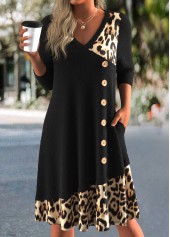 ROTITA Button Leopard Black A Line V Neck Dress