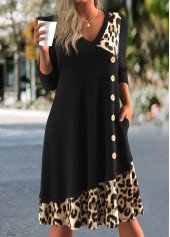 Black dresses,Leopard dresses,Everyday dresses,Casual dresses,ROTITA Button Leopard Black A Line V Neck Dress