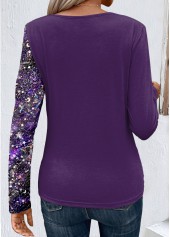 Dark Purple tops,Halloween tops,ROTITA Patchwork Dark Purple Round Neck T Shirt