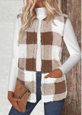 Light Camel tops,Plaid tops,ROTITA Plaid Light Camel Round Neck Sleeveless Waistcoat