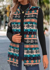 Multi Color tops,Tribal tops,ROTITA Zipper Tribal Print Multi Color Stand Collar Sleeveless Waistcoat