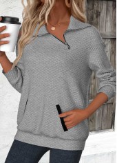 Grey tops,Plain Color tops,ROTITA Jacquard Grey Asymmetrical Neck Long Sleeve Sweatshirt