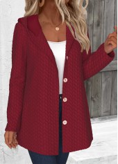 Wine Red tops,Plain Color tops,ROTITA Long Sleeve Wine Red Jacquard Hoodie