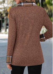 Dark Coffee tops,Plaid tops,ROTITA Patchwork Plaid Dark Coffee Turn Down Collar Blouse