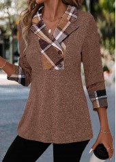 Dark Coffee tops,Plaid tops,ROTITA Patchwork Plaid Dark Coffee Turn Down Collar Blouse