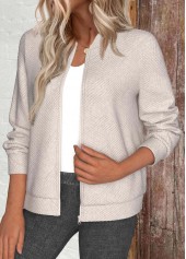 Beige tops,Plain Color tops,ROTITA Textured Fabric Beige Stand Collar Long Sleeve Jacket