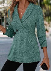 Turquoise tops,Plain Color tops,ROTITA Button Turquoise Turn Down Collar Long Sleeve Blouse