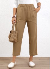 Light Coffee bottoms,Plain Color bottoms,Elastic Waist High Waisted Light Coffee Pants
