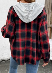 Red tops,Plaid tops,ROTITA Drawstring Plaid Red Long Sleeve Hoodie