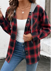 Red tops,Plaid tops,ROTITA Drawstring Plaid Red Long Sleeve Hoodie