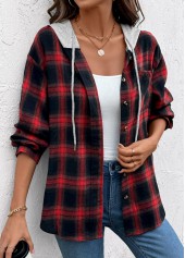 Red tops,Plaid tops,ROTITA Drawstring Plaid Red Long Sleeve Hoodie