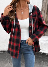 Red tops,Plaid tops,ROTITA Drawstring Plaid Red Long Sleeve Hoodie