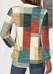 Multi Color tops,Geometric tops,ROTITA Patchwork Geometric Print Multi Color Shirt Collar Blouse