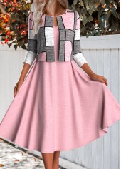 Pink dresses,Plaid dresses,Geometric dresses,Everyday dresses,Casual dresses,ROTITA Two Piece Plaid Pink Round Neck Dress and Cardigan