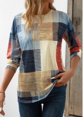 Beige plus size,Geometric plus size,Striped plus size,ROTITA Plus Size Patchwork Beige Geometric Print T Shirt