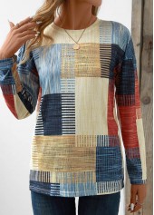 Beige plus size,Geometric plus size,Striped plus size,ROTITA Plus Size Patchwork Beige Geometric Print T Shirt