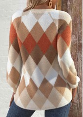 Light Camel tops,Plaid tops,ROTITA Patchwork Argyle Print Light Camel Round Neck Sweatshirt