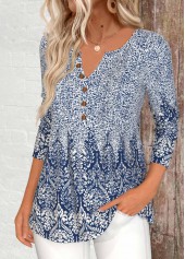 Blue tops,Tribal tops,ROTITA Button Tribal Print Blue Split Neck T Shirt