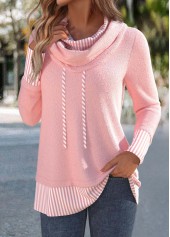 Light Pink tops,Striped tops,Geometric tops,ROTITA Patchwork Striped Light Pink Cowl Neck Long Sleeve Sweatshirt
