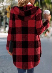 Red tops,Plaid tops,ROTITA Plaid Red Hooded Long Sleeve Coat