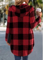 Red tops,Plaid tops,ROTITA Plaid Red Hooded Long Sleeve Coat