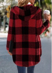 Red tops,Plaid tops,ROTITA Plaid Red Hooded Long Sleeve Coat
