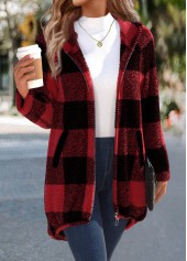 Red tops,Plaid tops,ROTITA Plaid Red Hooded Long Sleeve Coat