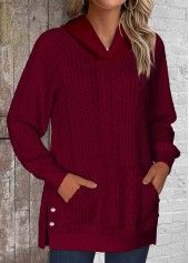 Wine Red tops,Plain Color tops,ROTITA Split Pocket Wine Red Long Sleeve Hoodie