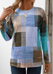 Blue tops,Geometric tops,Striped tops,ROTITA Patchwork Geometric Print Blue Round Neck T Shirt