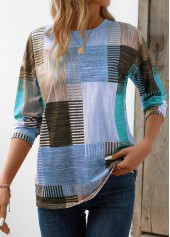 Blue tops,Geometric tops,Striped tops,ROTITA Patchwork Geometric Print Blue Round Neck T Shirt