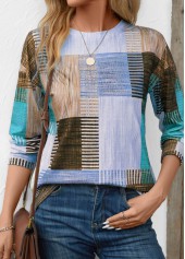 Blue tops,Geometric tops,Striped tops,ROTITA Patchwork Geometric Print Blue Round Neck T Shirt