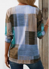 Blue tops,Geometric tops,Striped tops,ROTITA Patchwork Geometric Print Blue Round Neck T Shirt