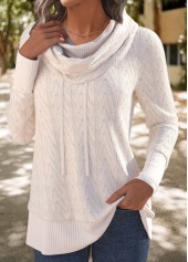 White tops,Plain Color tops,ROTITA Patchwork White Cowl Neck Long Sleeve Sweatshirt