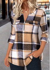 Dark Coffee tops,Plaid tops,ROTITA Zipper Plaid Dark Coffee Round Neck Long Sleeve Shirt