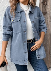 Denim Blue tops,Plain Color tops,Button Denim Blue Turn Down Collar Long Sleeve Coat