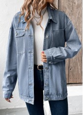 Denim Blue tops,Plain Color tops,Button Denim Blue Turn Down Collar Long Sleeve Coat