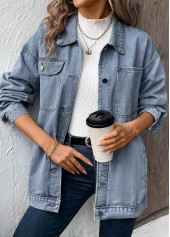 Denim Blue tops,Plain Color tops,Button Denim Blue Turn Down Collar Long Sleeve Coat