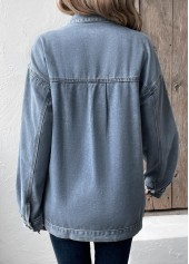 Denim Blue tops,Plain Color tops,Button Denim Blue Turn Down Collar Long Sleeve Coat