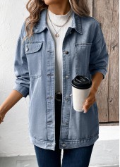 Denim Blue tops,Plain Color tops,Button Denim Blue Turn Down Collar Long Sleeve Coat
