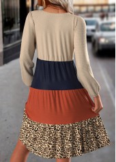 Beige dresses,Leopard dresses,Everyday dresses,Casual dresses,ROTITA Patchwork Leopard Beige Split Neck Long Sleeve Dress