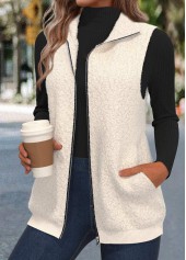 Beige tops,Plain Color tops,ROTITA Zipper Beige Stand Collar Sleeveless Waistcoat
