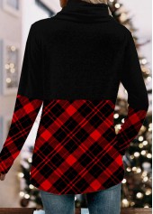 Black tops,Red tops,Christmas tops,Plaid tops,ROTITA Christmas Patchwork Black Asymmetrical Neck Long Sleeve Sweatshirt