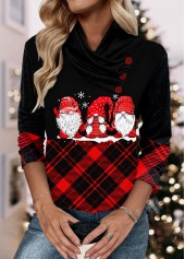 Black tops,Red tops,Christmas tops,Plaid tops,ROTITA Christmas Patchwork Black Asymmetrical Neck Long Sleeve Sweatshirt