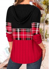 Red tops,Plaid tops,ROTITA Patchwork Plaid Red Long Sleeve Hoodie