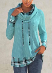 Mint Green tops,Plaid tops,ROTITA Patchwork Plaid Mint Green Cowl Neck Long Sleeve Sweatshirt