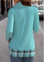 Mint Green tops,Plaid tops,ROTITA Patchwork Plaid Mint Green Cowl Neck Long Sleeve Sweatshirt
